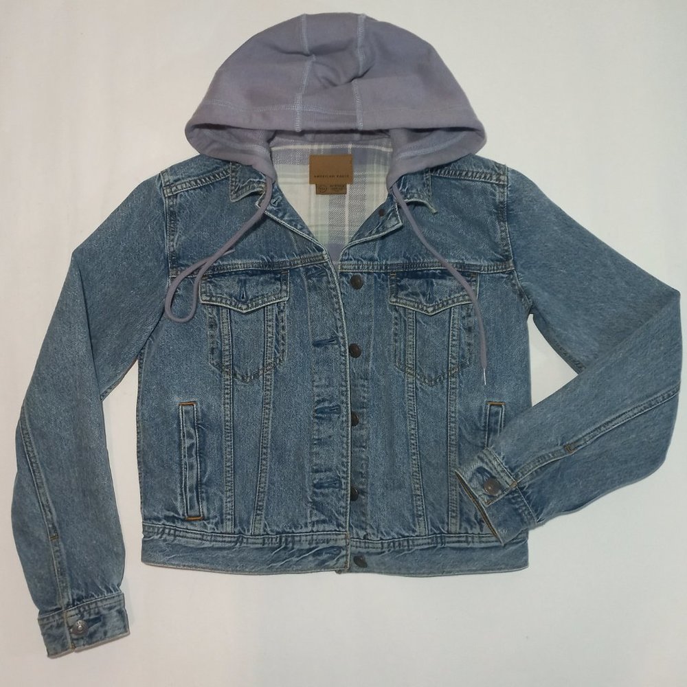 American Eagle AE Hooded Denim Jacket Flannel Plaid-Lined Womens Size XS